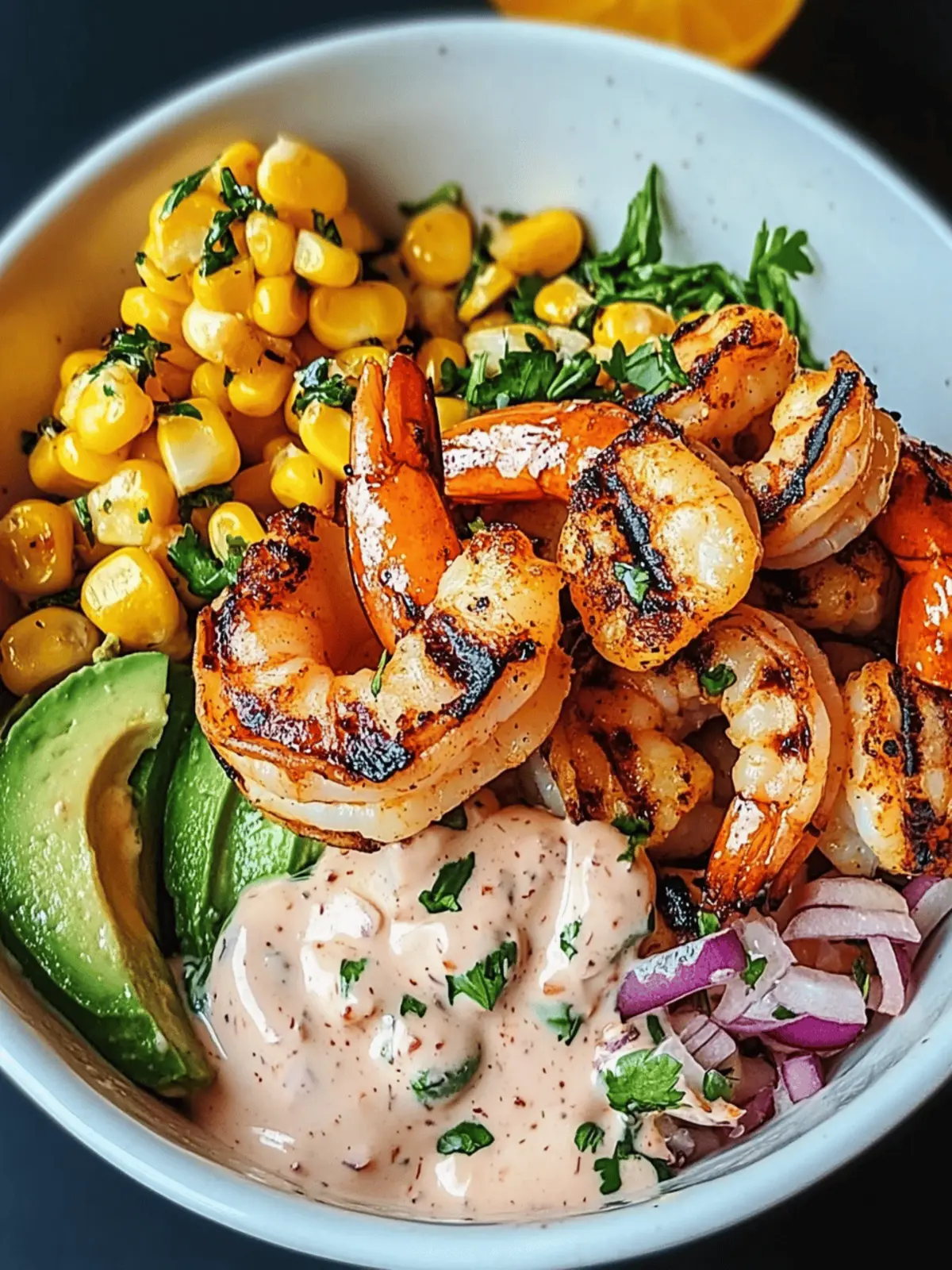 Grilled Shrimp Bowl with Corn Salsa & Creamy Sauce