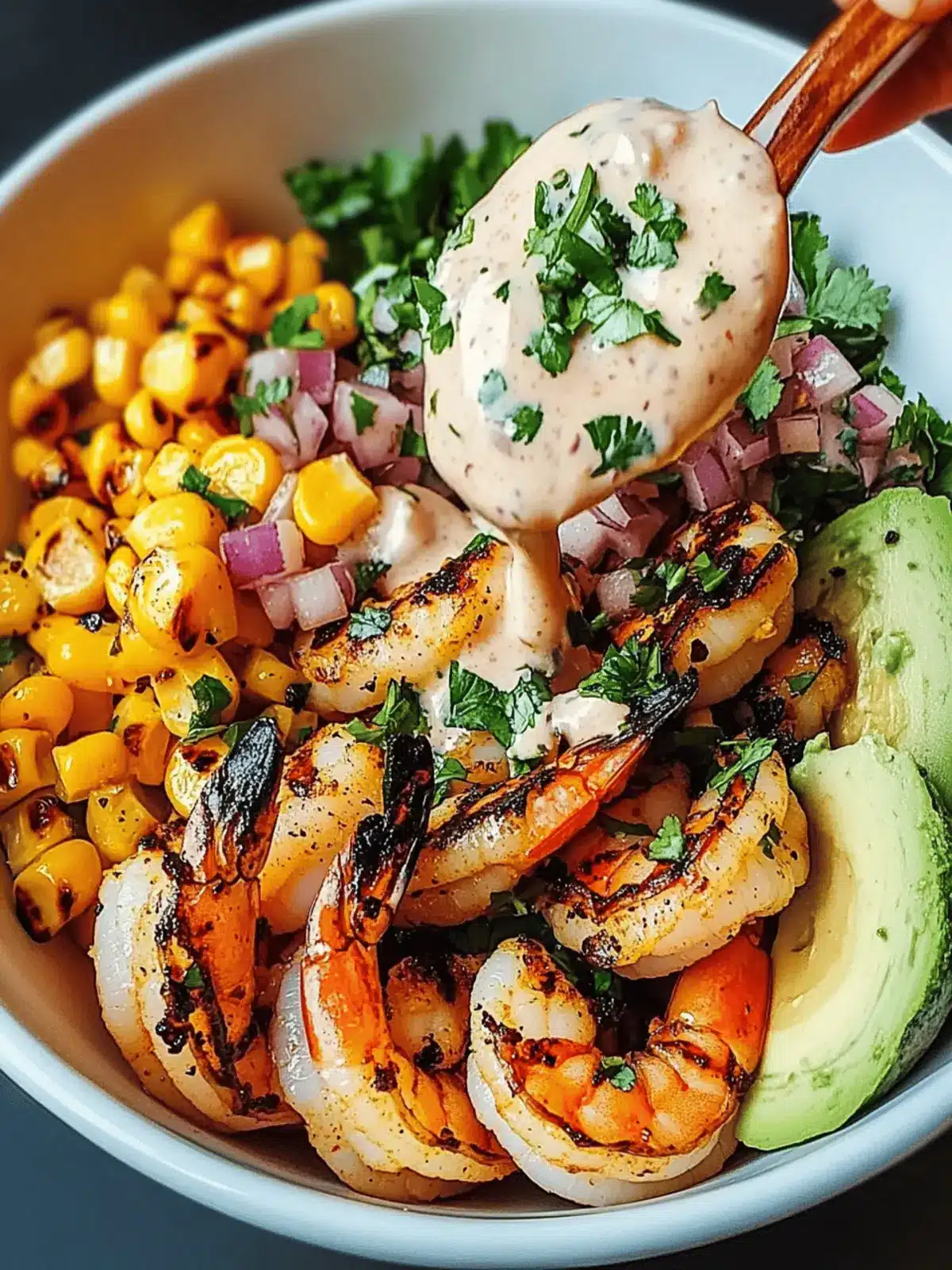 Grilled Shrimp Bowl with Corn Salsa & Creamy Sauce