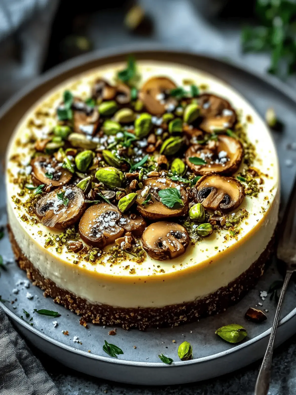 Pistachio and Mushroom Cheesecake with Feta & Parmesan Crust