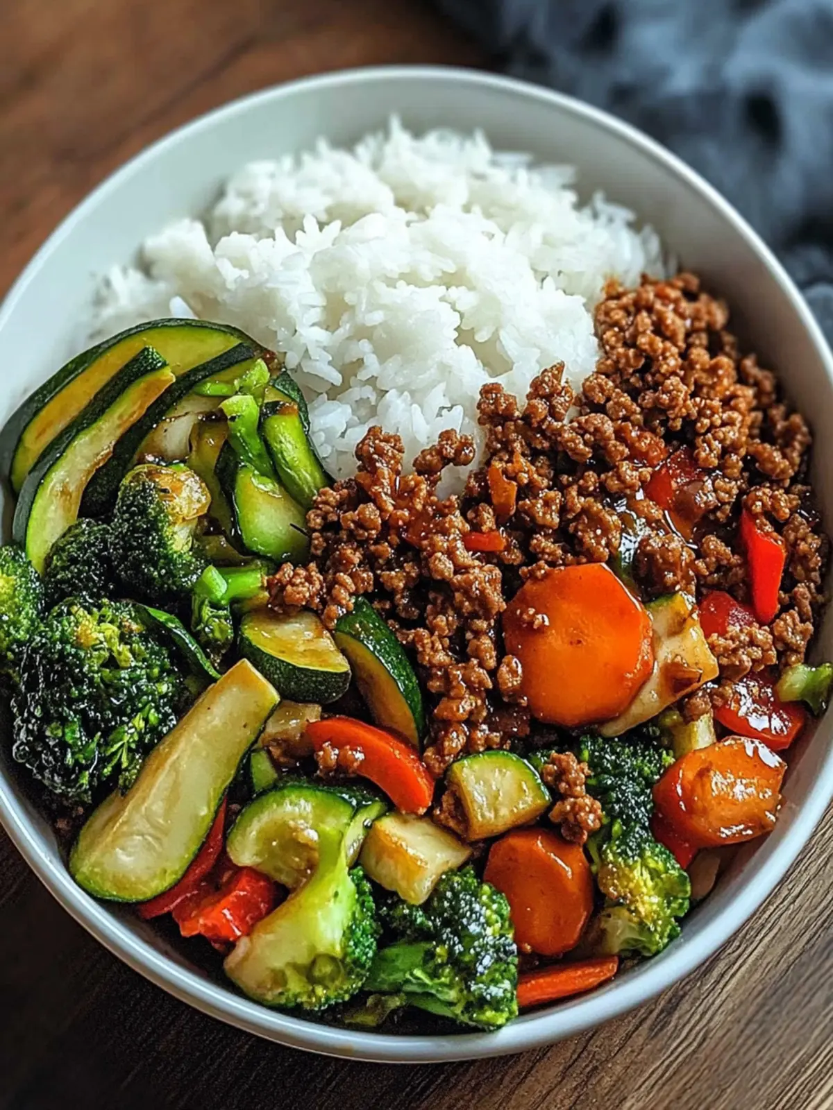 Spicy Ground Beef Stir-Fry Bowl with Garlic Veggies & Steamy Rice
