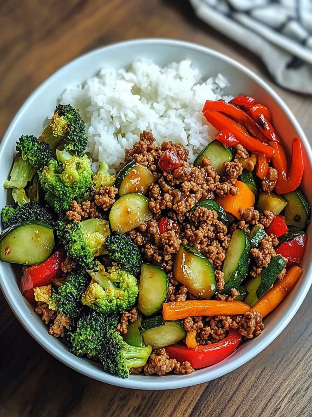 Spicy Ground Beef Stir-Fry Bowl with Garlic Veggies & Steamy Rice