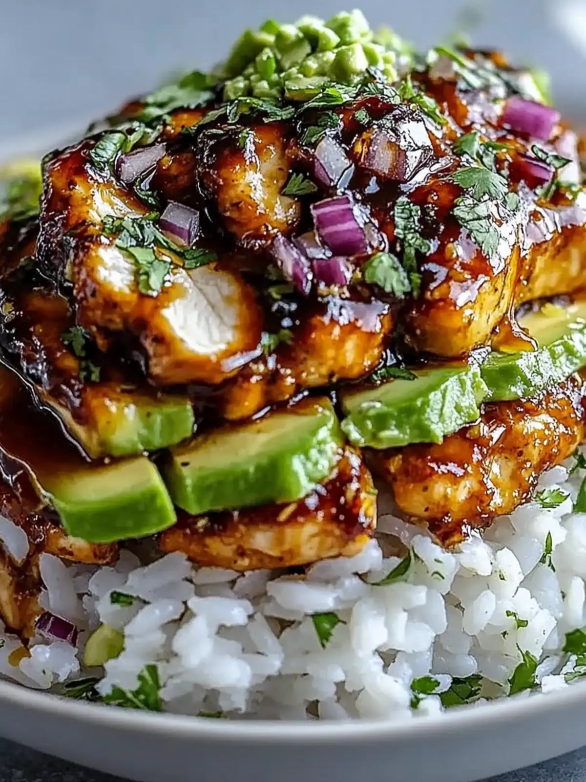 Glazed Honey Lime Chicken with Avocado and Rice Stack Dinner Bowl