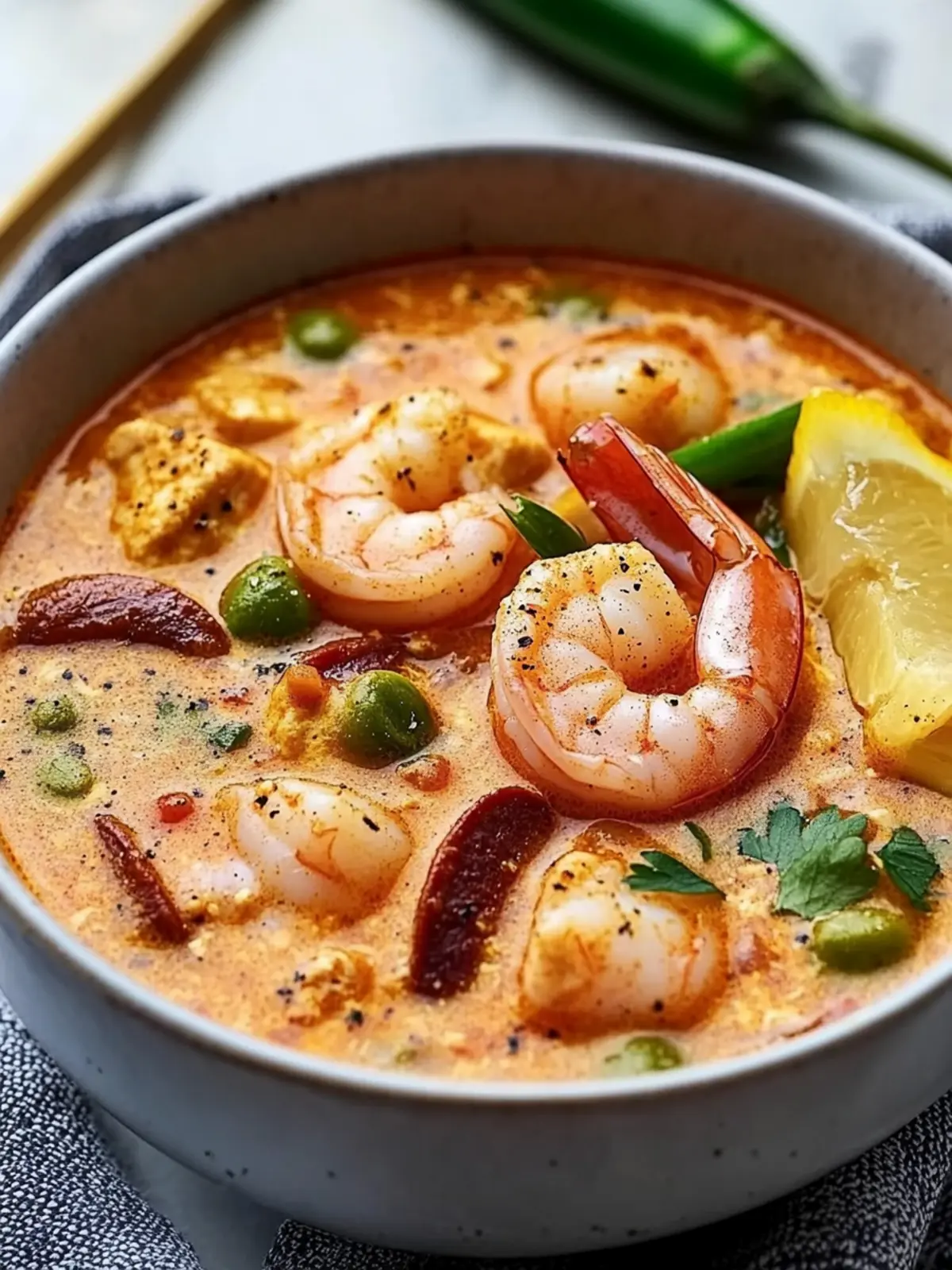 Cajun White Chicken Chili with Shrimp and Andouille