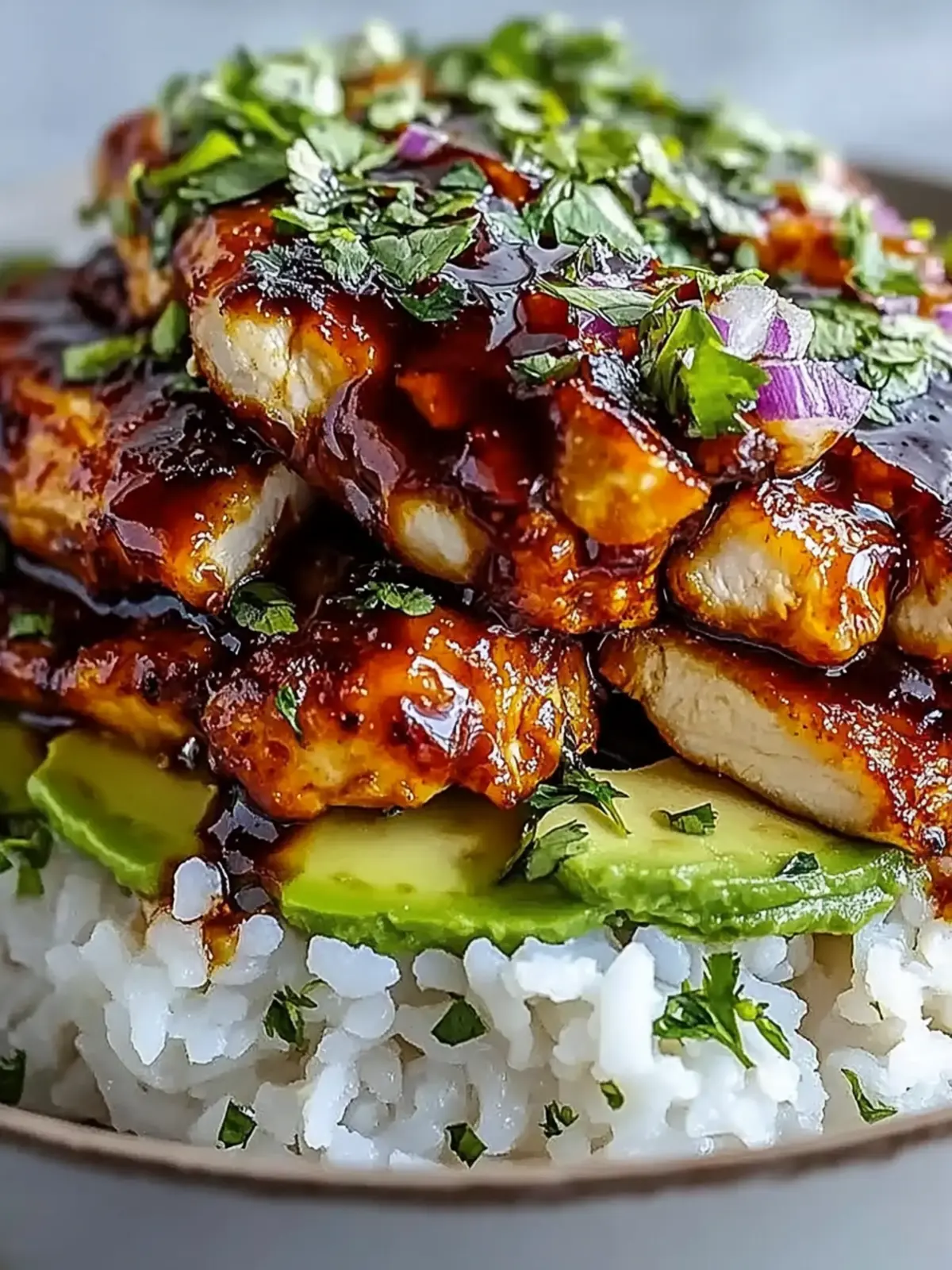 Glazed Honey Lime Chicken with Avocado and Rice Stack Dinner Bowl