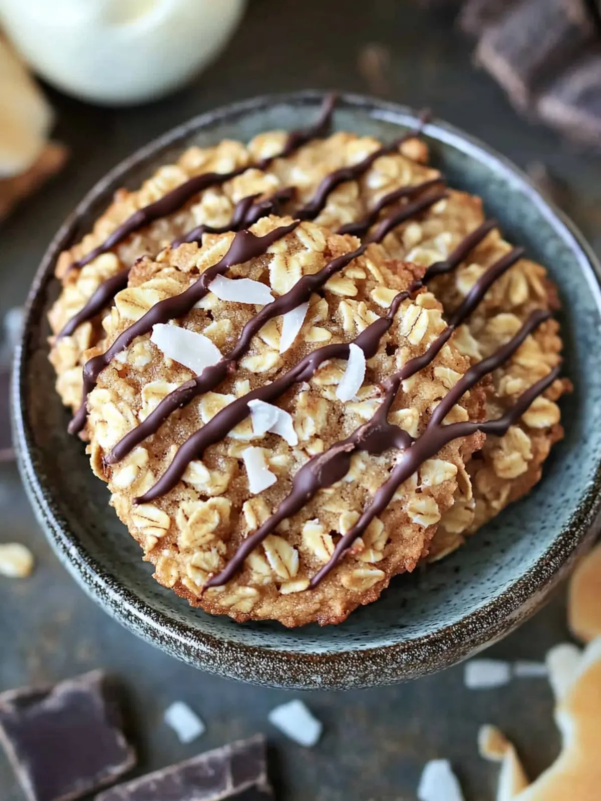 Thin Crispy Oatmeal Cookies with Toasted Coconut and Chocolate Drizzle
