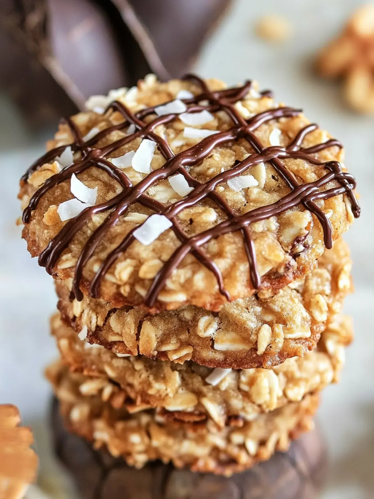 Thin Crispy Oatmeal Cookies with Toasted Coconut and Chocolate Drizzle