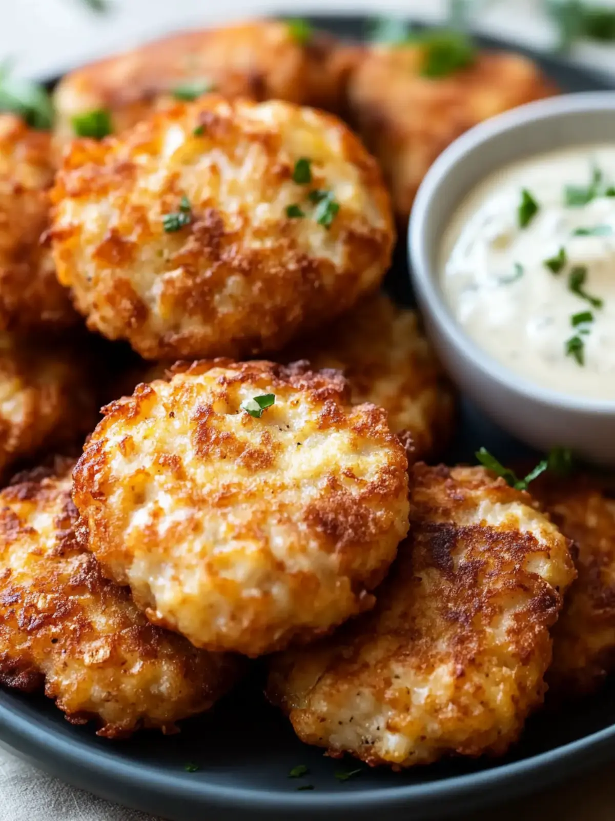 Cheesy Chicken Fritters with Garlic Aioli Dip